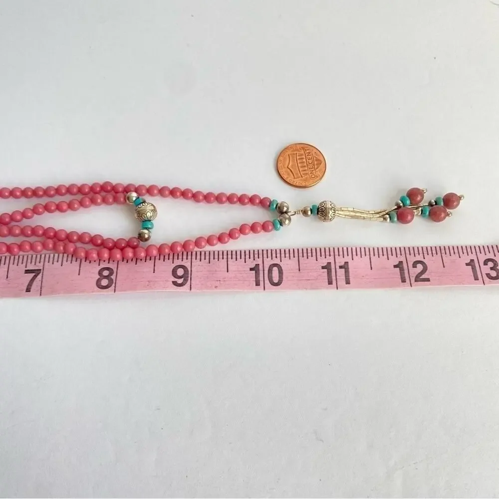 Carolyn Pollack‎ Pink Rhodonite Necklace Liquid Silver Turquoise Lariat QT Quoc